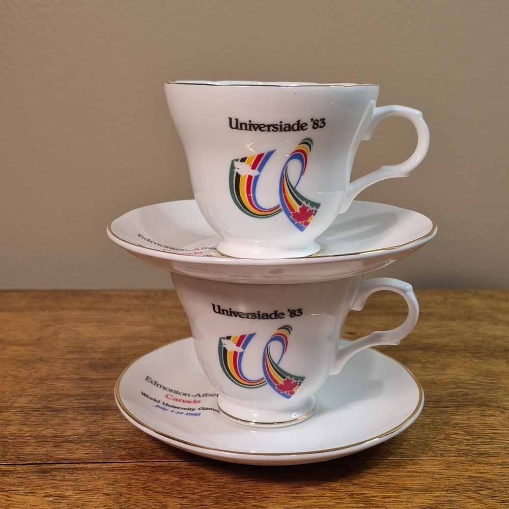 CROWN TRENT Vintage 1983 Universiade Commemorative Bone China Teacups & Saucers